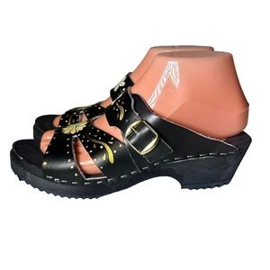 Dala Swedish Clog Sandal in Black Hand Painted Detail